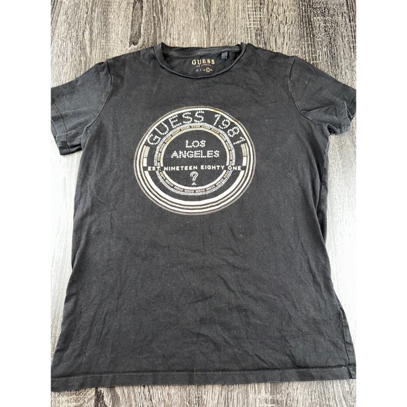 GUESS Los Angeles Rhinestone Logo Tee Black Short Sleeve Women's Size L Bling - Picture 1 of 3